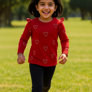 Girls’ Long Sleeve T-Shirt Color Red White Heart